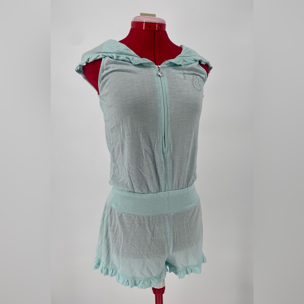 Betsey Johnson Baby Blue Hooded Bridal Romper With Bedazzles “MRS”